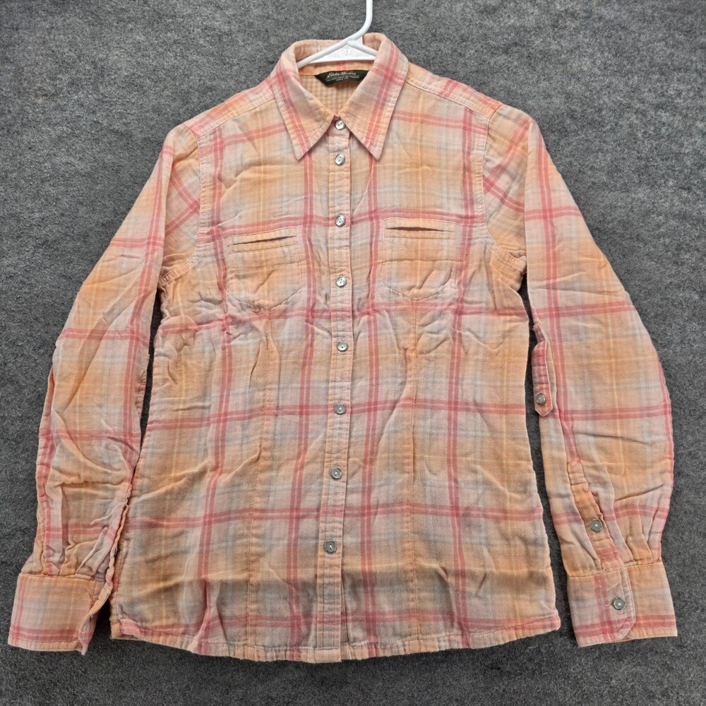 Eddie Bauer Shirt Womens XS Button Up Orange Plaid Roll Tab